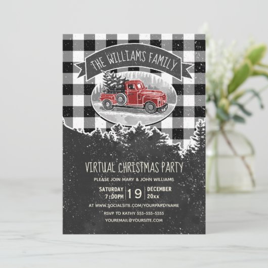 Virtuele kerstfeestdag rode vrachtwagen geplakt kaart (Staand voorkant)