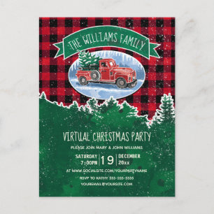 Virtuele kerstfeestdag  vrachtwagen rood geplakt uitnodiging briefkaart