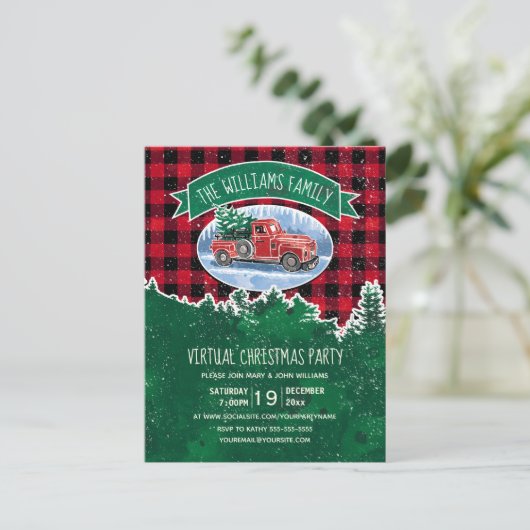 Virtuele kerstfeestdag vrachtwagen rood geplakt uitnodiging briefkaart (Staand voorkant)