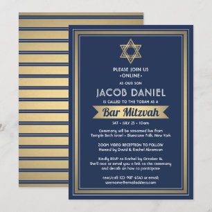 Virtuele Zoom Bar Mitzvah Marine Blauw Wit & Goud Kaart