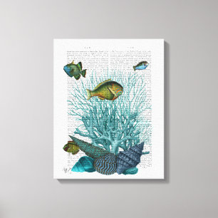 Vis, blauwe schalen en koralen canvas afdruk