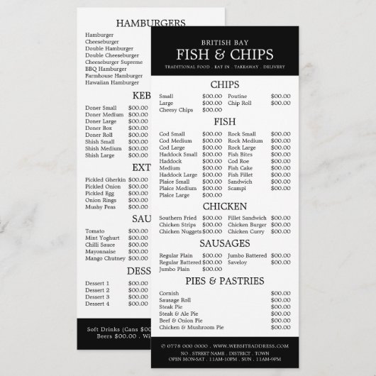 Vis & Chip Shop Restaurant Slimline Menu (Voorkant / Achterkant)