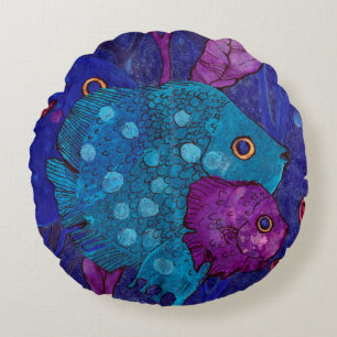 Vis Familie, Onderwater, Blauw & Paars Rond Kussen