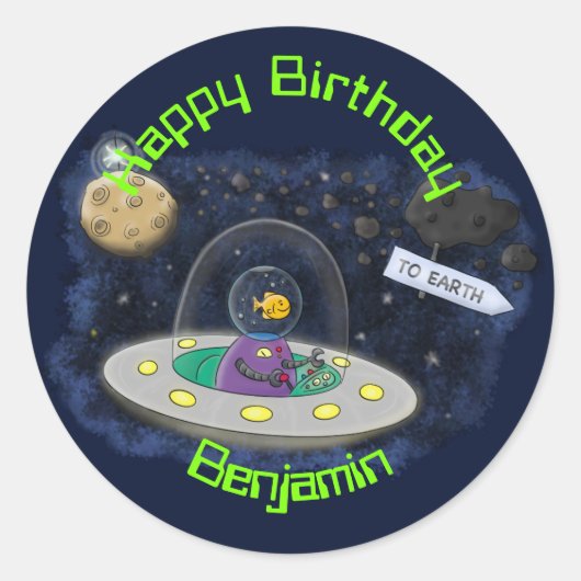 Vis in UFO-cartoon Ronde Sticker (Voorkant)