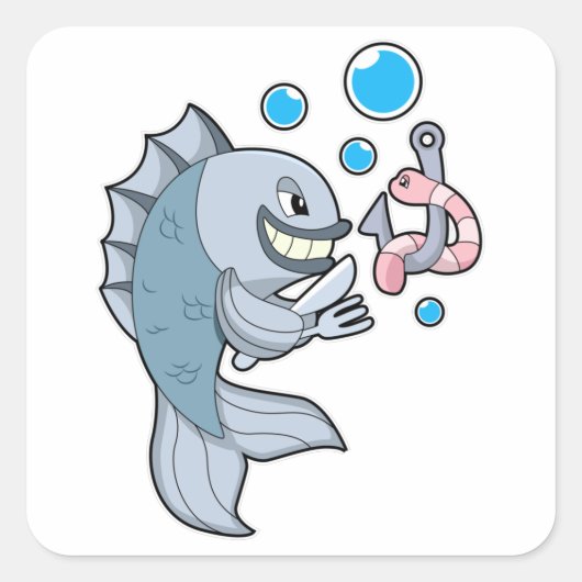 Vis met vishaak en -worm vierkante sticker (Voorkant)