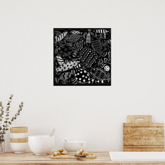 Vis Pattern Black en White Modern Art Print (Keuken)