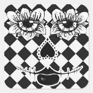 Visage de Fleur à Damier Autocollant Carré Surré