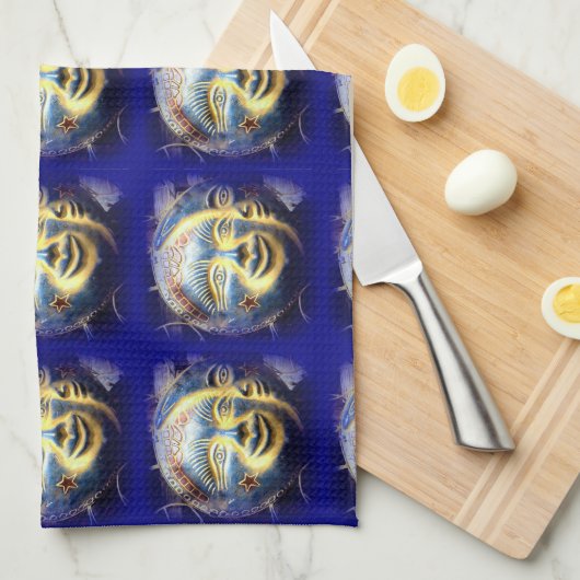 visage soleil / lune visage serviette de cuisine (Quart Plié)