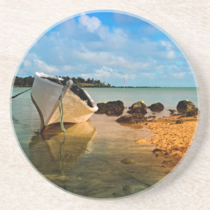 Visboot op Mauritiaans strand met eilandje Zandsteen Onderzetter