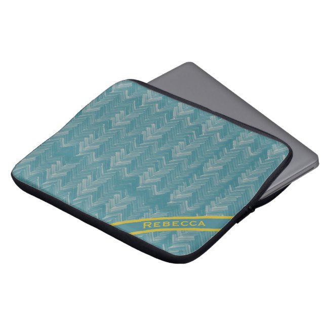Visgraat Chevron Patroon op Turquoise Persoonlijk Laptop Sleeve (Voorkant top)
