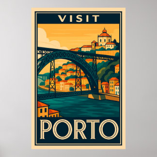 Visit Porto Portugal Retro Travel Poster  Art Deco