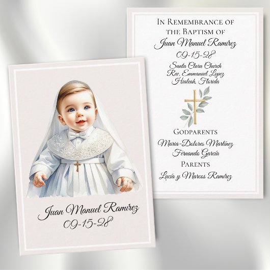 Visite Baptême catholique bébé garçon beige carte de souv