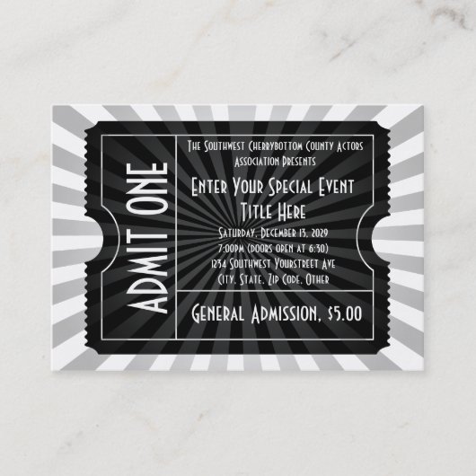 Visite Billet d'événement Noir + Blanc, Format carte de v (Devant)
