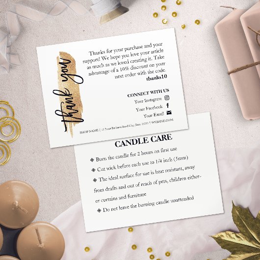 Visite Candle Care Gold Gliter Chic Script Carte de remer