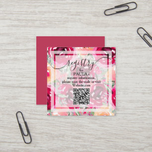 Visite Carré Carte de registre QR Fleurs Rose Aquarelle Élégant