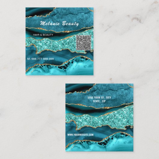 Visite Carré Turquoise Blue Aqua Turquoise QR Code Carte de vis (Devant / Derrière)