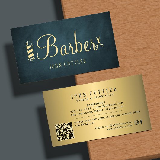 Visite Carte de barbier code QR or et ciseaux pole marine