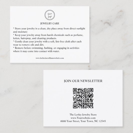 Visite Carte de bijoux Ajouter votre logo Code QR (Devant / Derrière)