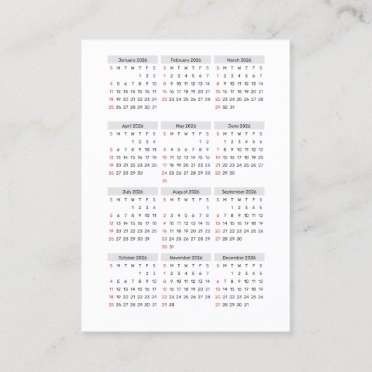 Visite Carte de calendrier 2026 : Début dimanche, Noir & (Dos)