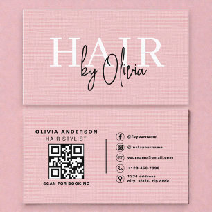 Visite Carte de coiffeur à code QR en lin rose avec typog