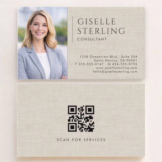 Visite Carte de consultant en lin avec code QR photo