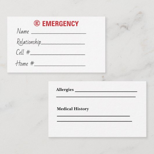 Visite Carte de contact d'urgence (Devant / Derrière)