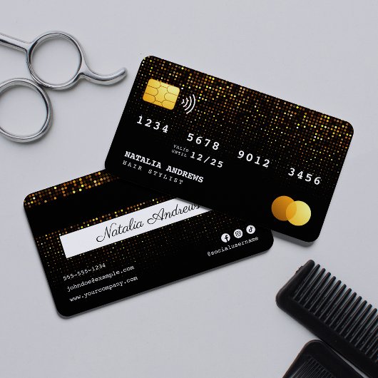 Visite Carte de crédit Coiffeur tendance Black Gold Spark