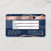 Visite Carte de crédit Marine Blue Rose Gold Agate Marble (Dos)