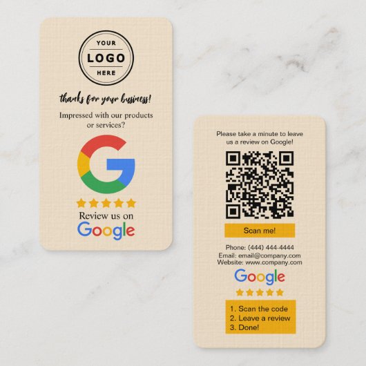 Visite Carte de demande d'avis Google avec logo et QR Cod (Devant / Derrière)
