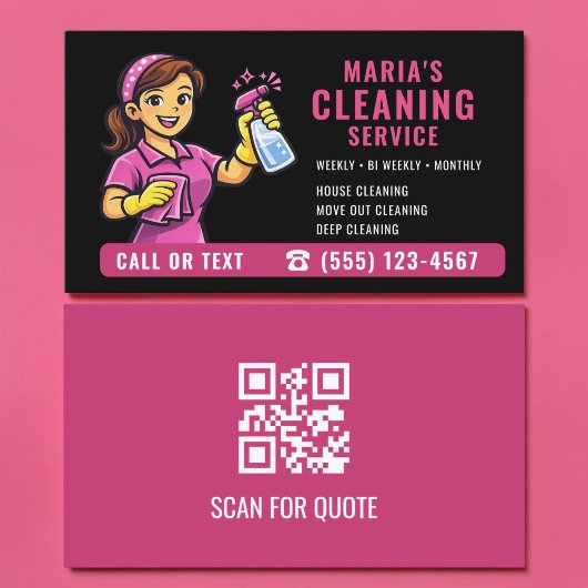Visite Carte de nettoyage de maison rose noir Code QR