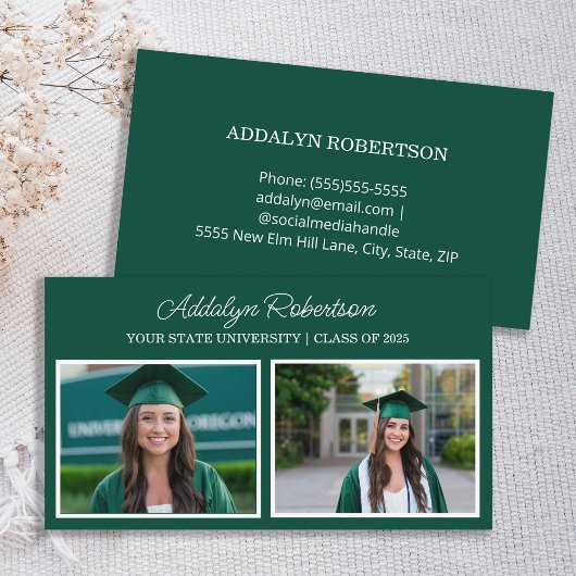 Visite Carte de nom de diplômé Photo Vert Blanc 2 
