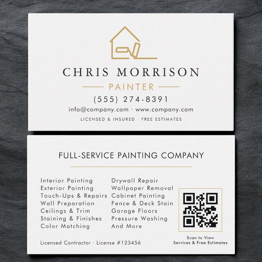 Visite Carte de peintre en bâtiment Blanc Or Code QR