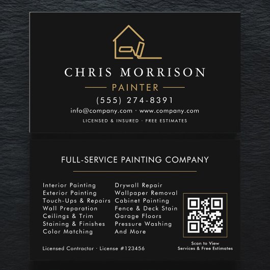 Visite Carte de peintre en bâtiment Code QR noir or