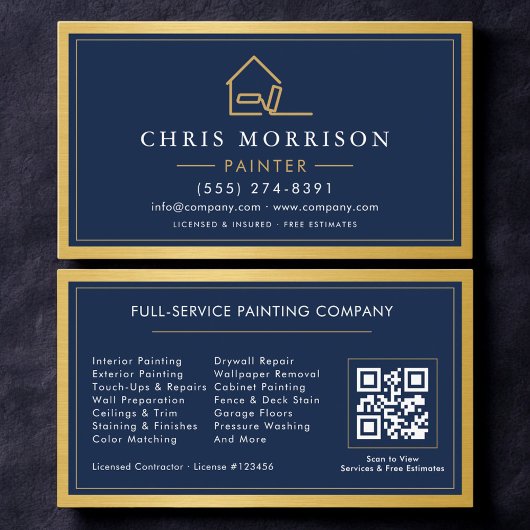 Visite Carte de peintre en bâtiment Code QR Or Bleu Peint