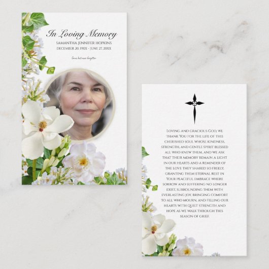 Visite Carte de prière commémorative avec fleurs blanches (Devant / Derrière)