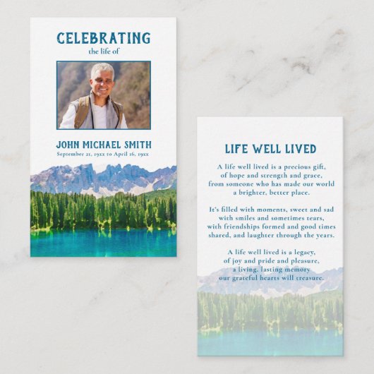 Visite Carte de prière funéraire Memorial Mountain Lake (Devant / Derrière)