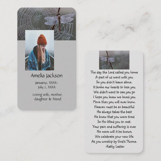 Visite Carte de prière Memorial Dragonfly Dewdrops (Devant / Derrière)