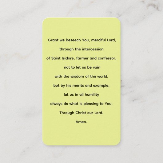 Visite Carte de prière St. Isidore (Dos)
