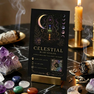 Visite Carte de Réiki Céleste Luxe Noir Or QR