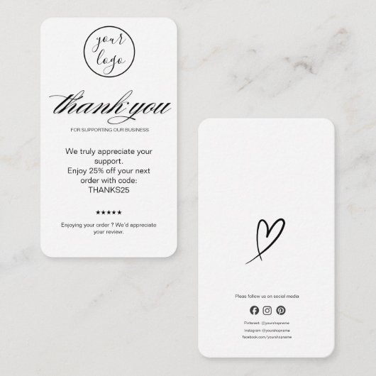 Visite Carte de remerciement blanche Code de réduction Ex (Devant / Derrière)
