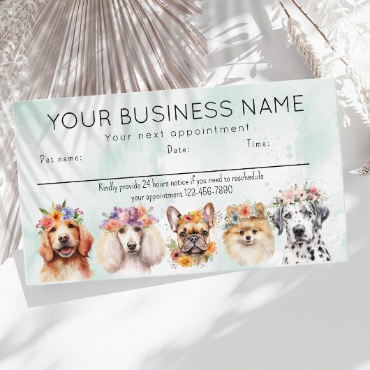 Visite Carte de rendez-vous aquarelle chiens fleurs, vert