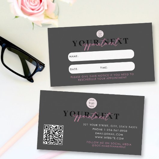 Visite Carte de rendez-vous client rose noir Code QR Logo