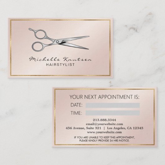 Visite Carte de rendez-vous de ciseaux de coiffeur en or  (Devant / Derrière)