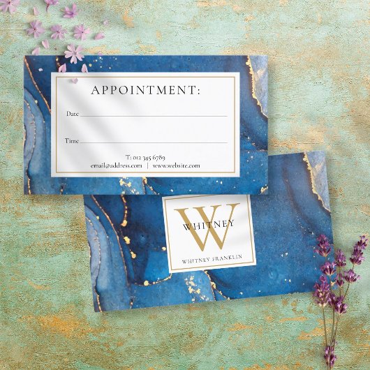 Visite Carte de rendez-vous Monogramme Or Bleu Agate Marb