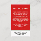 Visite Carte de sécurité de cuisine pour allergie aliment (Dos)