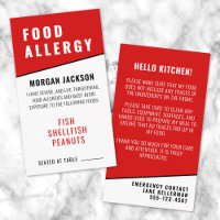 Carte de sécurité de cuisine pour allergie aliment