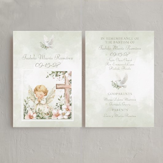 Visite Carte de souvenir de baptême vert priant enfant cr