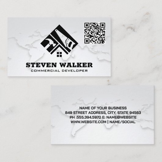 Visite Carte du monde | Logo de construction | Code QR (Devant / Derrière)