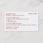 Visite Carte ICE pour le restaurant de l'allergie aux ara (Dos)