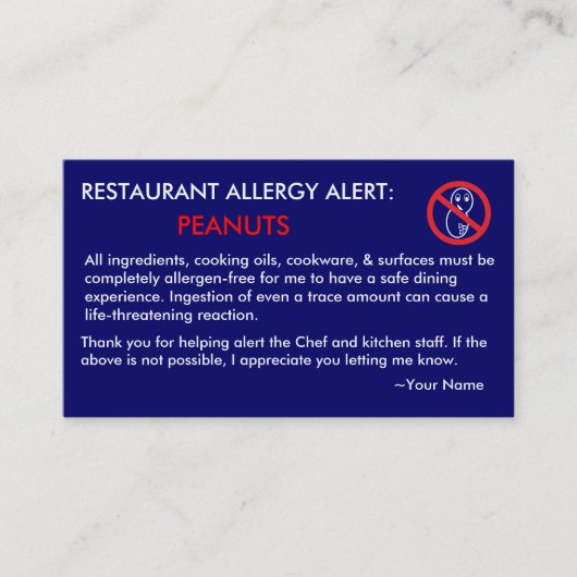Visite Carte ICE pour le restaurant de l'allergie aux ara (Devant)